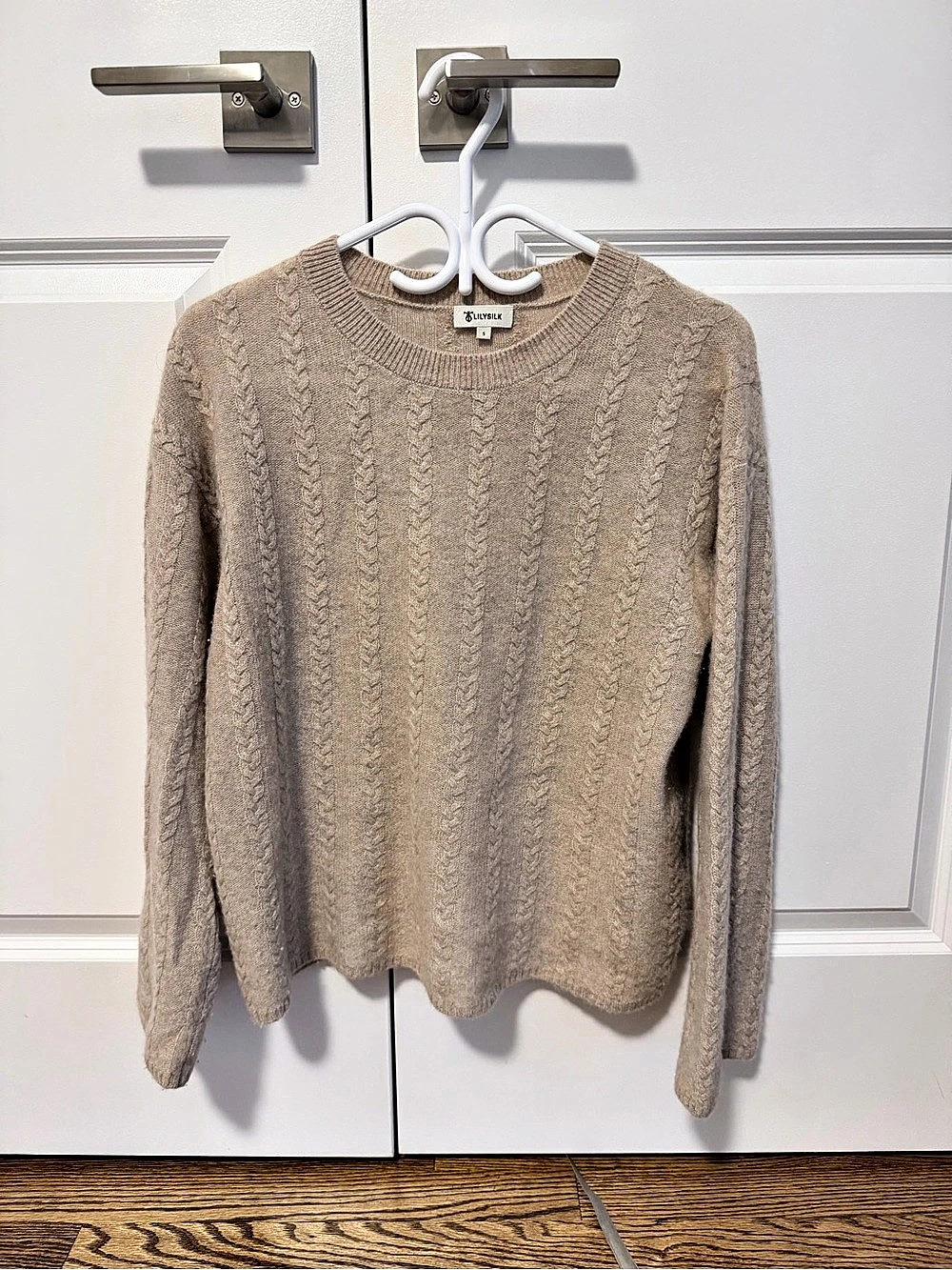 LILYSILK Cashmere Cable Knit Sweater with Ribbed Edges Beige Small - Picture 4 of 7